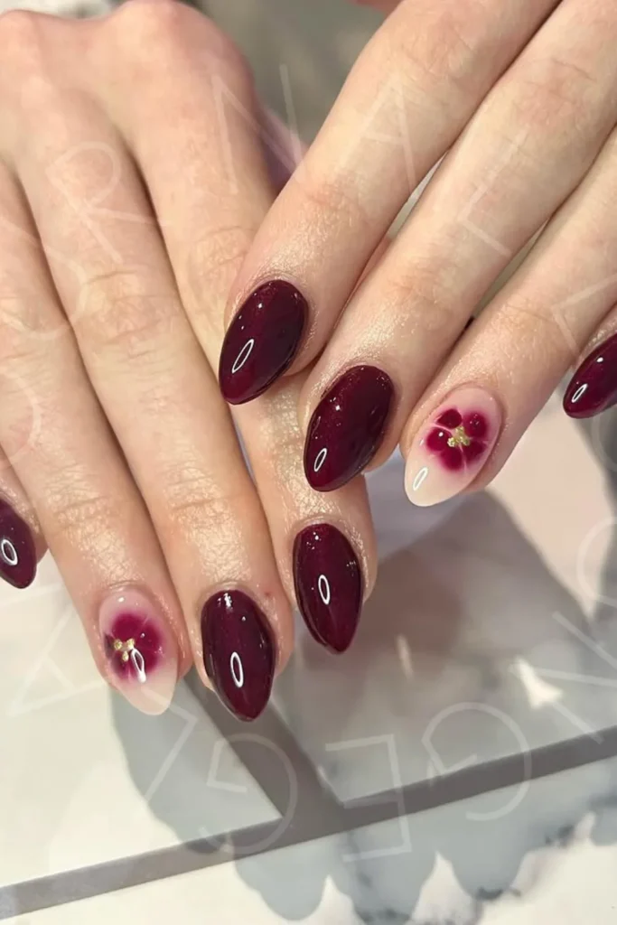 Burgundy with Floral Nail Art