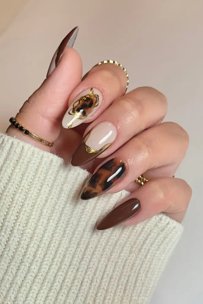 Tortoise Nails with Ring Finger Art