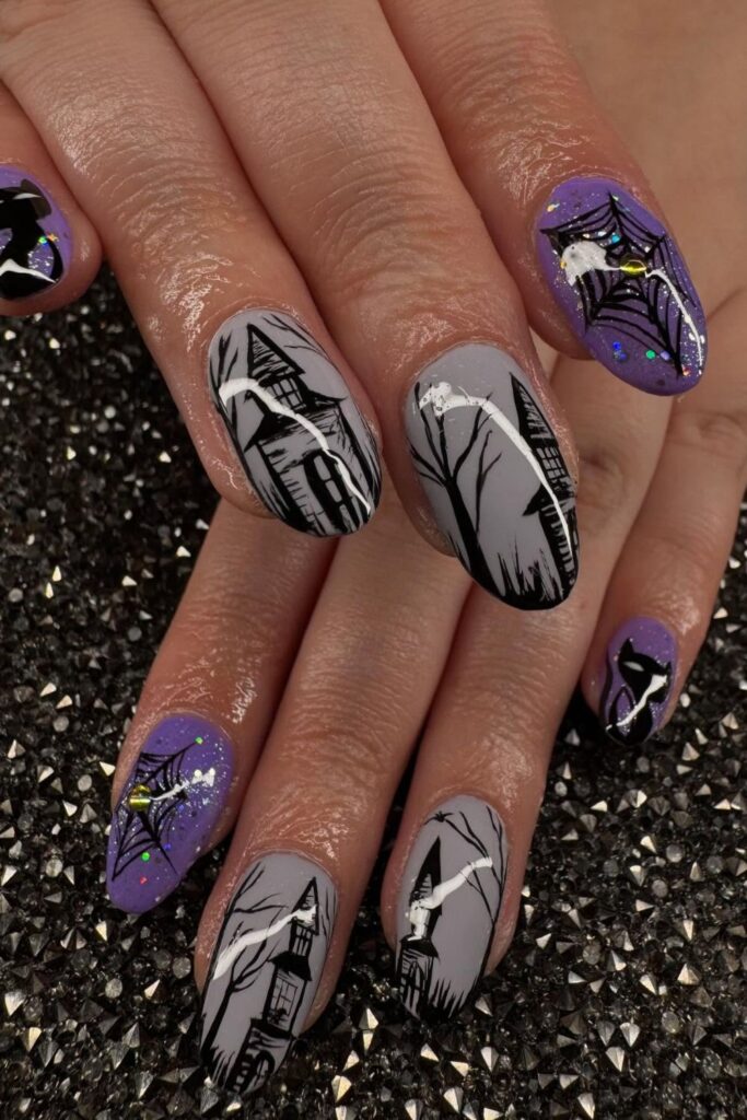 Haunted House Silhouettes Nails