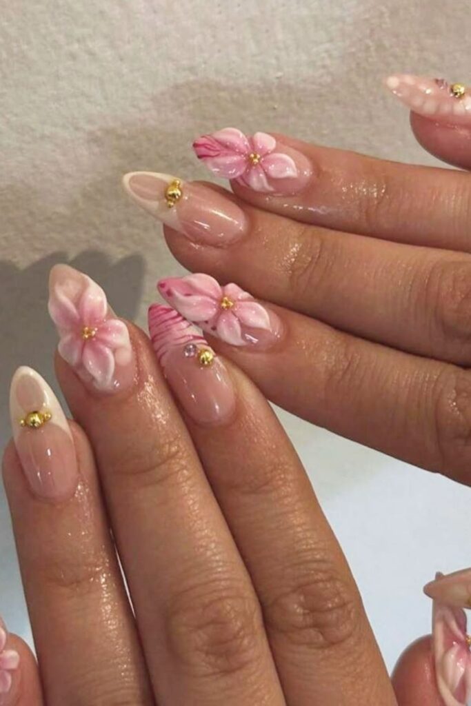 Almond Nude Pink with Floral Art Nails