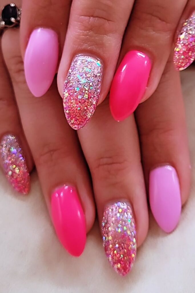 Almond Pink Ombre Glitter Nails