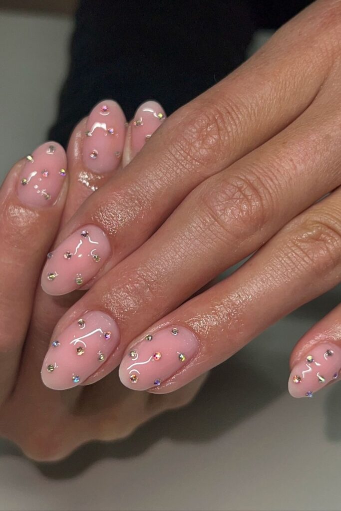 Almond Pink with Rhinestone Accents Nails