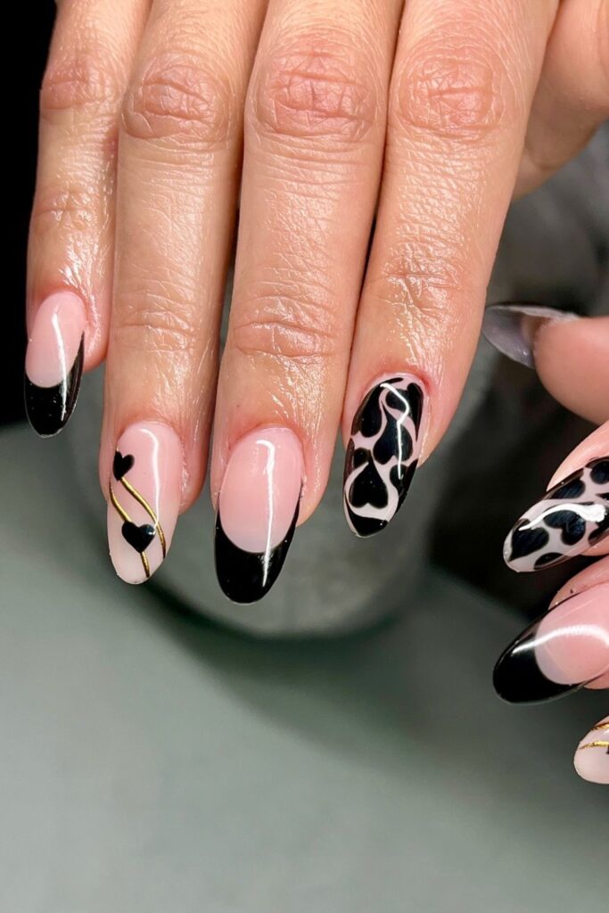 Black Hearts on Pink Base Nails