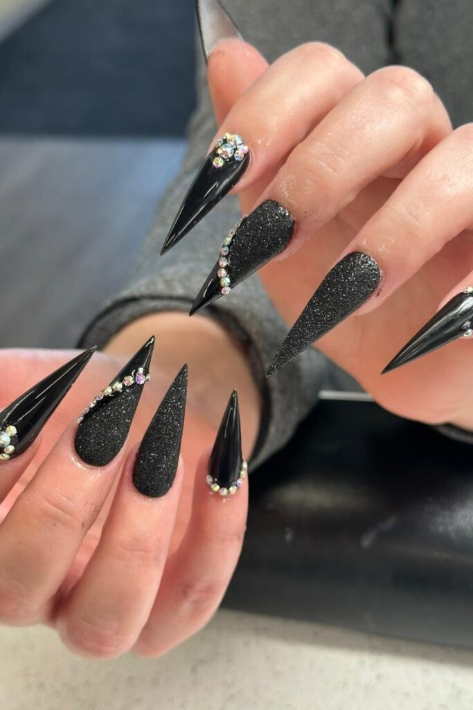Bold Black Tips with Diamond Accents Nails