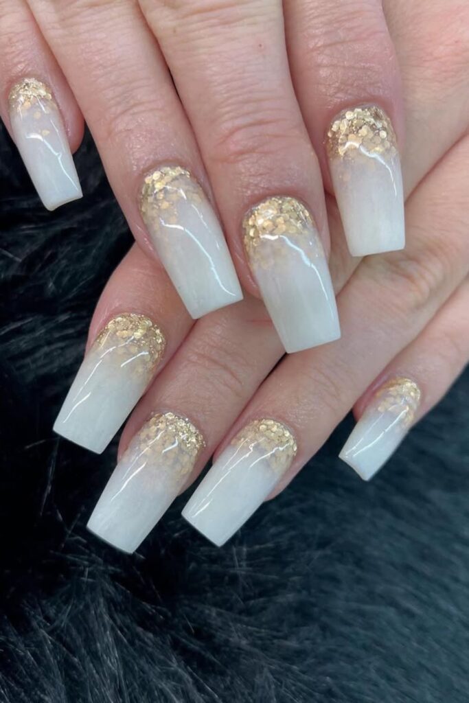 Classic White with Gold Glitter Tips Nails