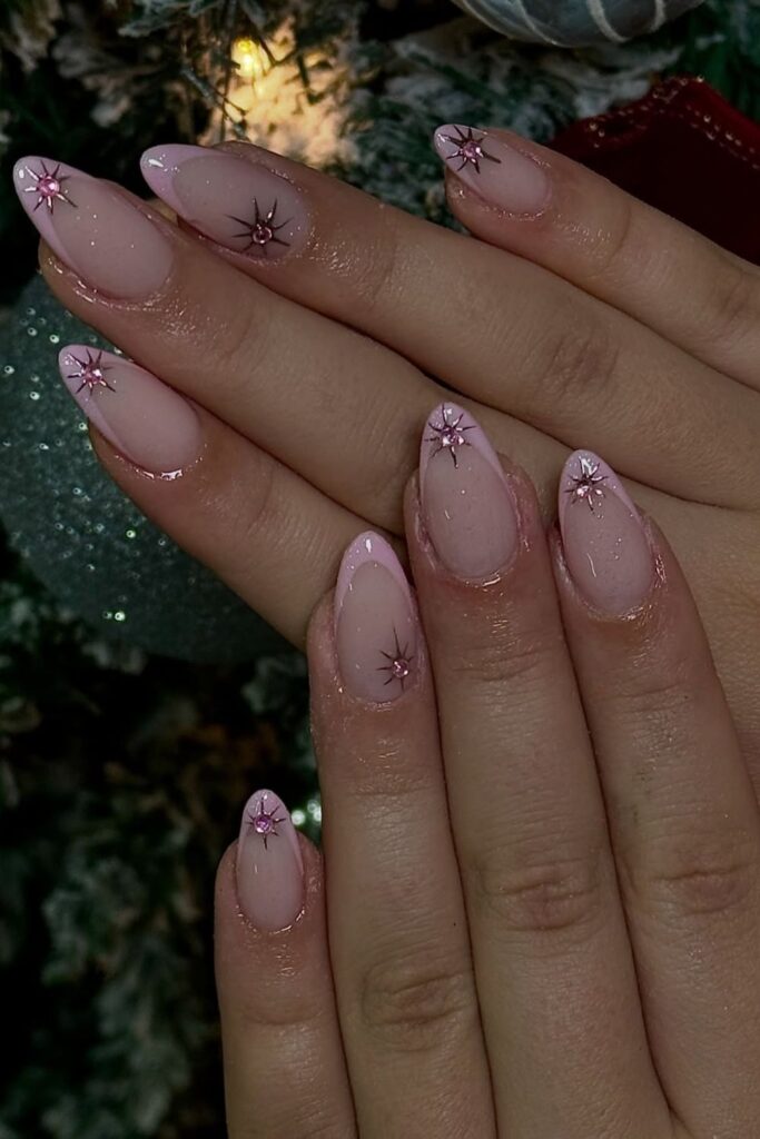 Elegant Pink Tips with Gemstone Charms Nails