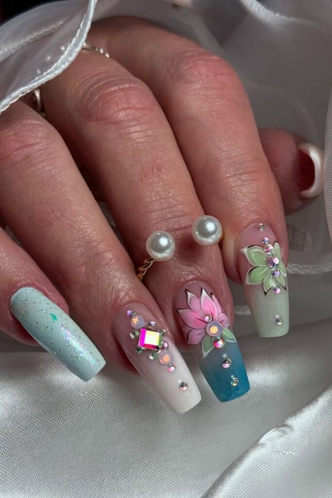 Floral Glitter Accents Nails
