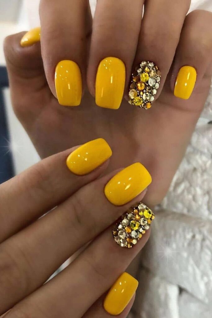 Pastel Yellow with Rhinestone Accents Nails