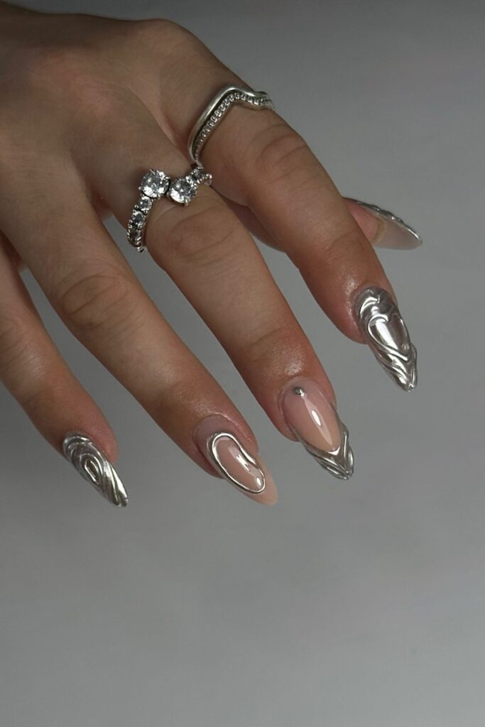 Winged Black and Silver Art Nails