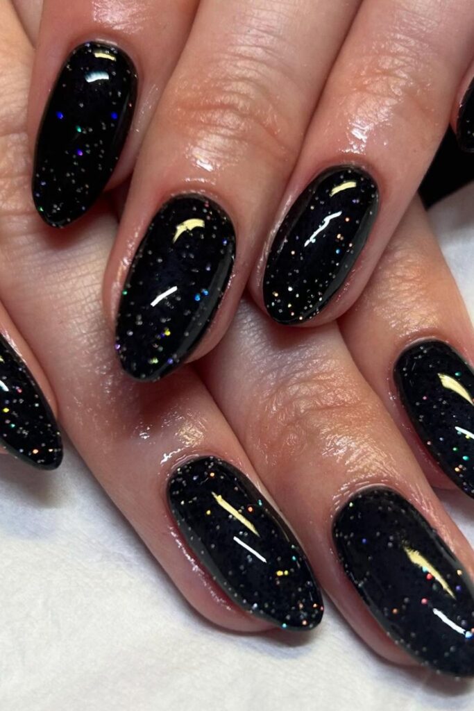 Black Frosted Glitter Accent Nails