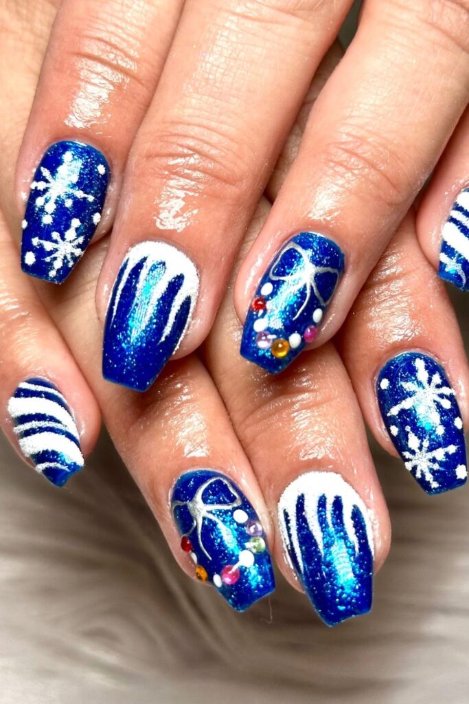 Blue Candy Cane Accent Nails