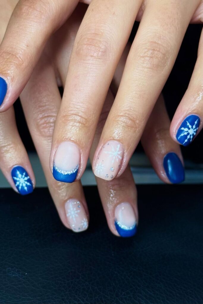 Blue Matte Nails with Snowflakes