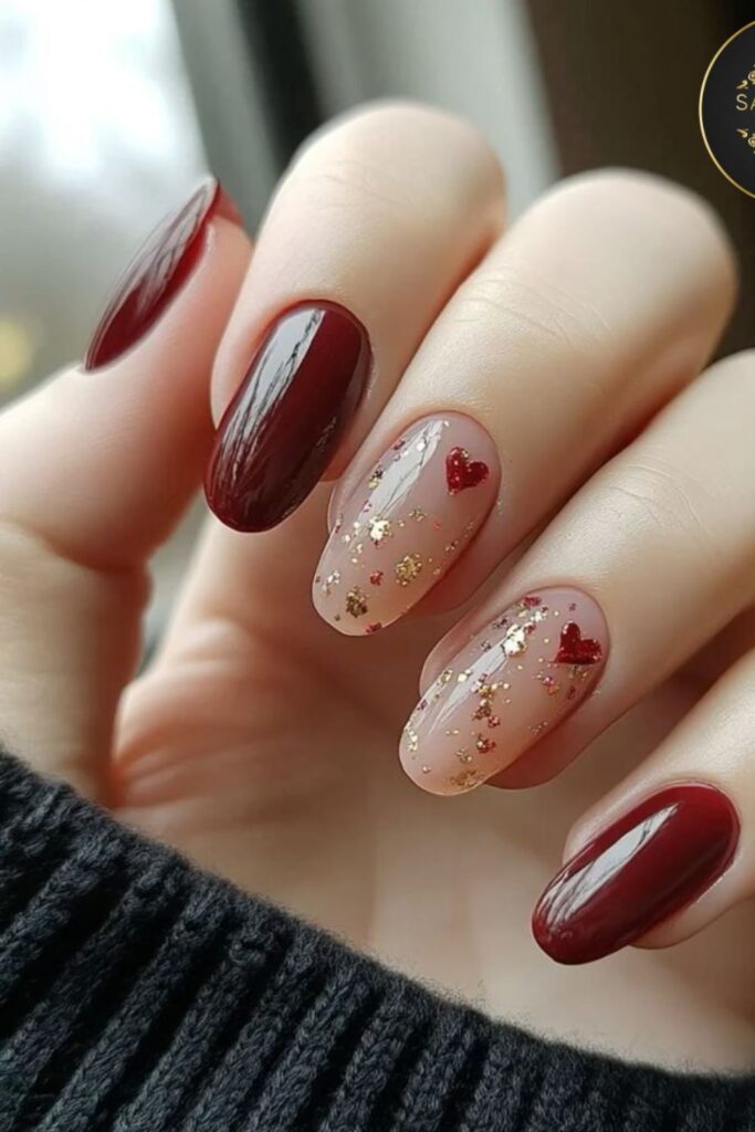 Deep Red Matte Nails with Glossy Hearts