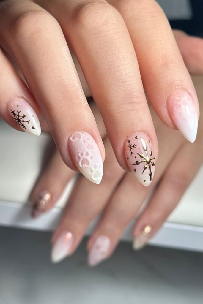 Gold Sparkle Snowflake Nails