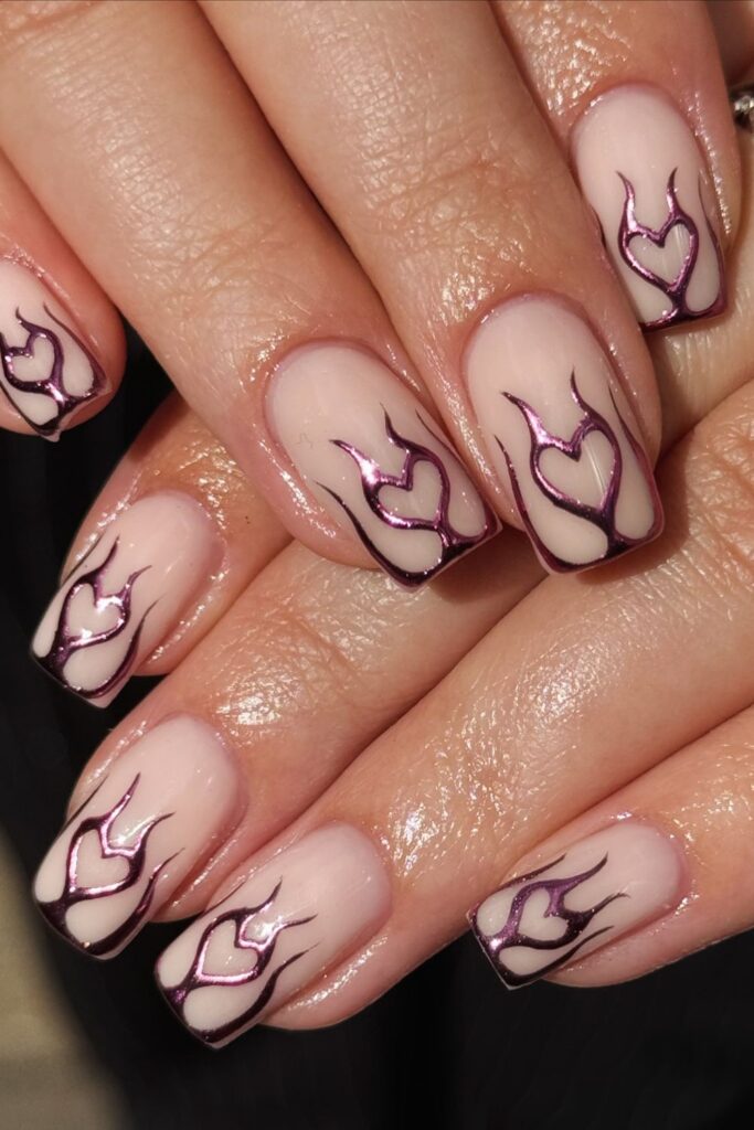 Pink Chrome Heart French Tips