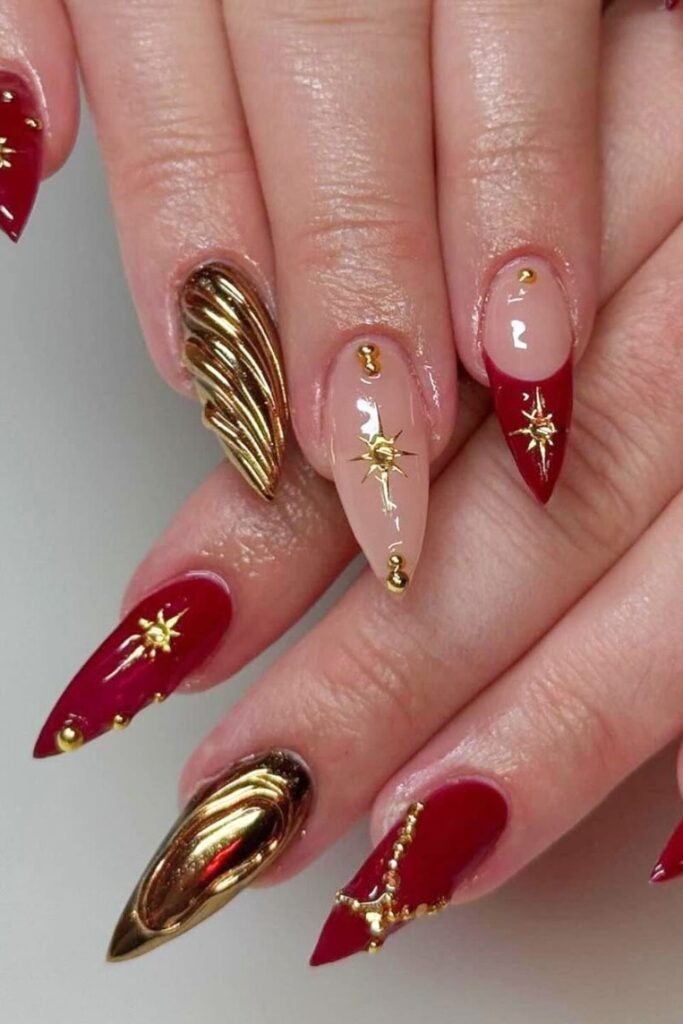 Red and Gold Luxe Nails