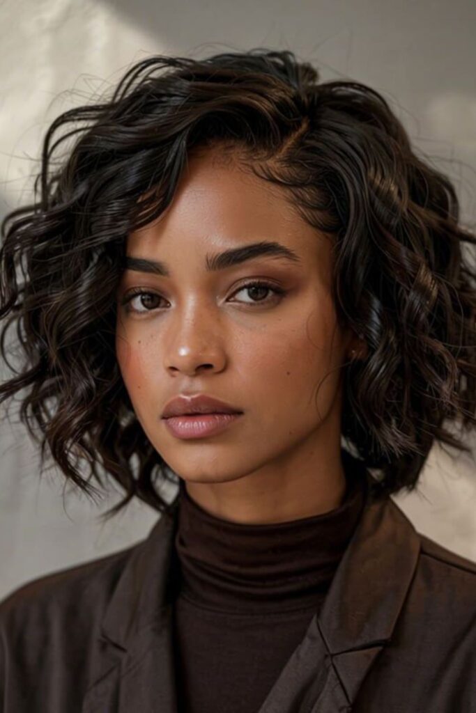  Curly Lob with Side Part